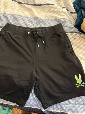 Psycho Bunny Black Athletic Shorts with Neon Green Logo and Aqua Drawstring Tips